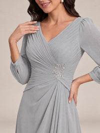 V-Neck Pleated Chiffon Mother of the Bride Dress with Flutter Sleeves