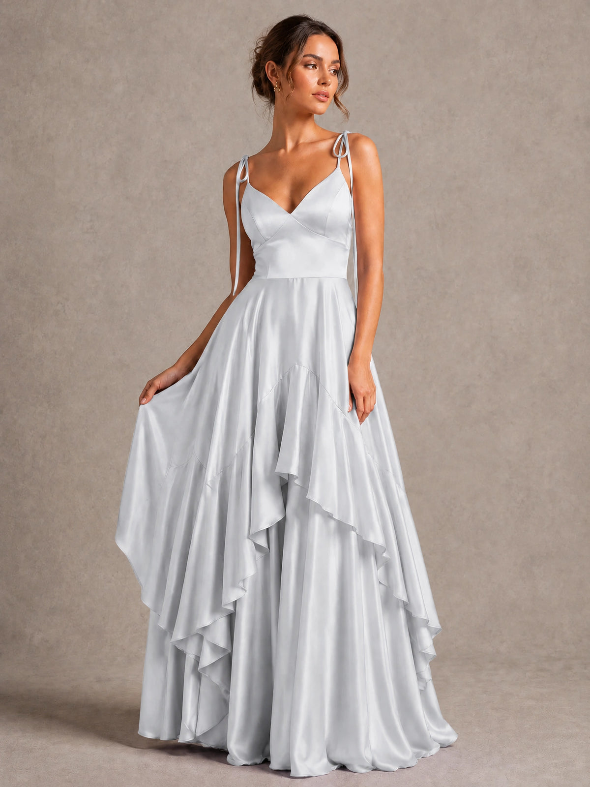 Lavender Satin V-Neck Ruffle Maxi Dress