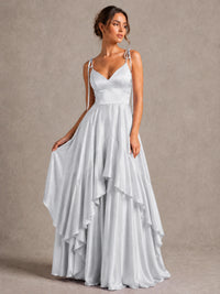 Lavender Satin V-Neck Ruffle Maxi Dress