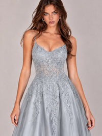 Lace Applique Satin A-Line Prom Dress with Sheer Bodice