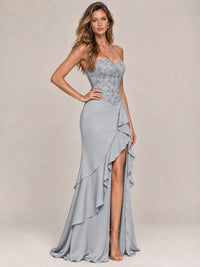 Strapless Lace Appliques Corset Satin Prom Dress Ruffle Slit Evening Gown
