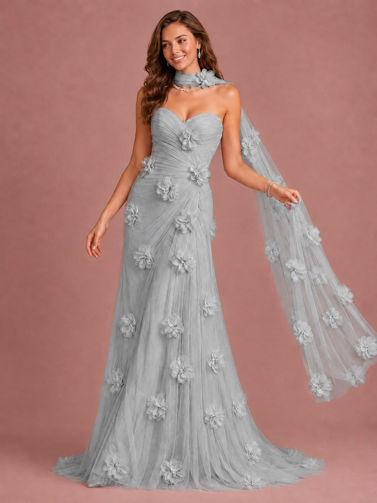 Blush Pink Strapless Sweetheart 3D Floral Tulle Mermaid Prom Dress