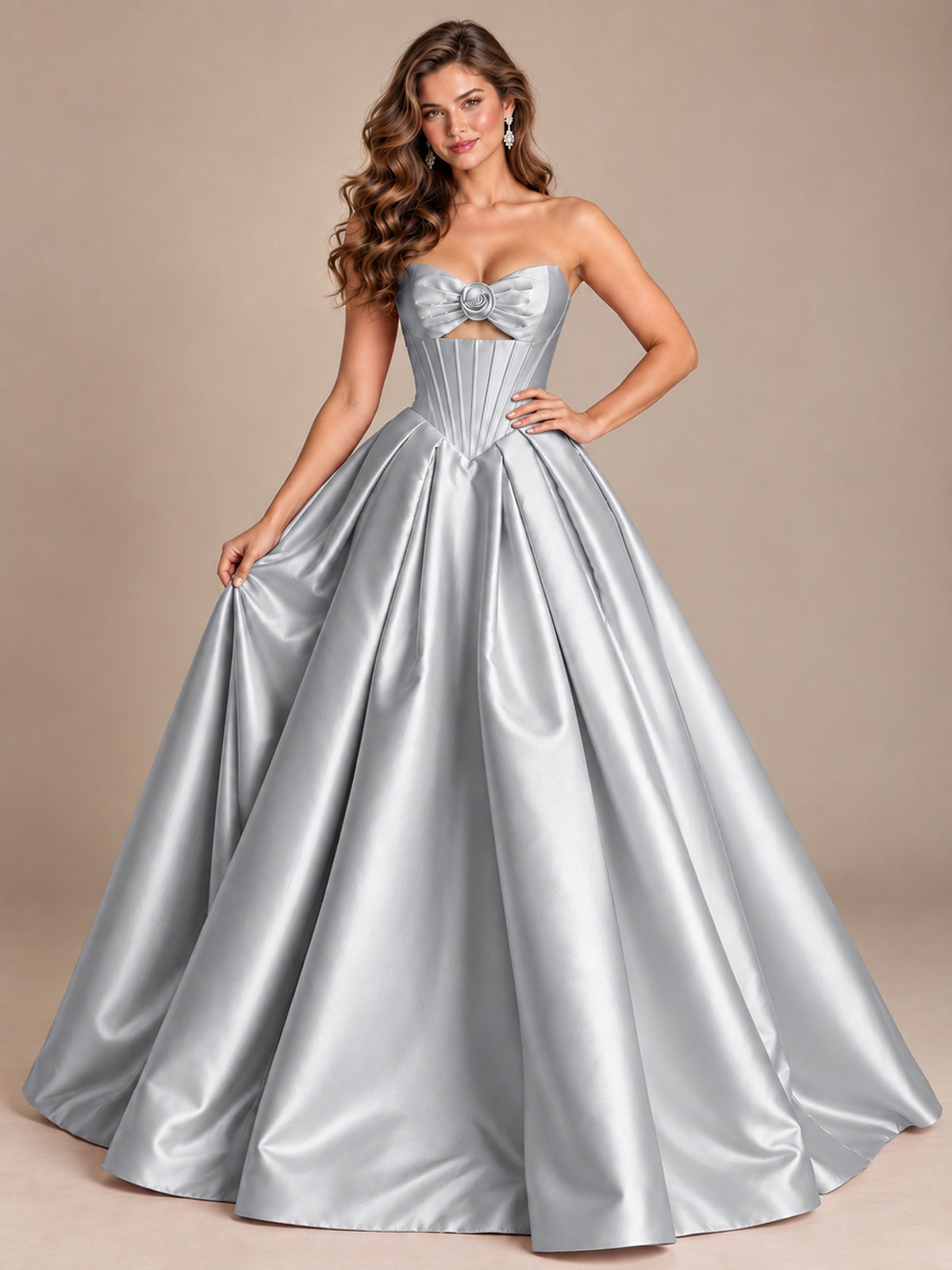 Pink Strapless Corset Satin Prom Derss & Ball Gown with 3D Floral