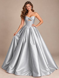 Pink Strapless Corset Satin Prom Derss & Ball Gown with 3D Floral