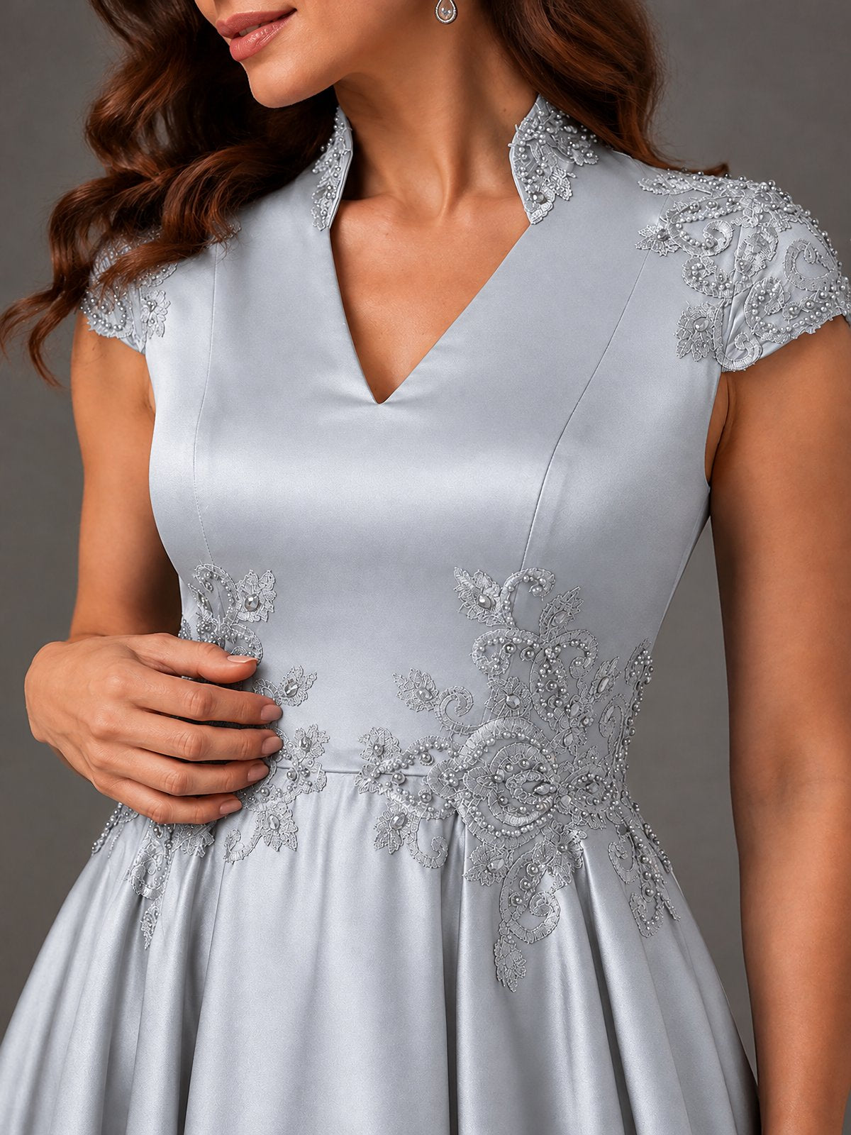 Lace Appliqué A-Line Satin Maxi Dress