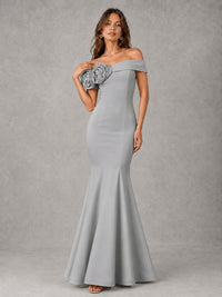Blush Pink Off Shoulder Mermaid Bridesmaid Dress with Floral Rosette