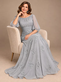 A-Line Mother of the Bride Dress with Sheer Puff Sleeves