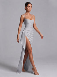 Square Neck Satin Long Prom Dress with Ruffles