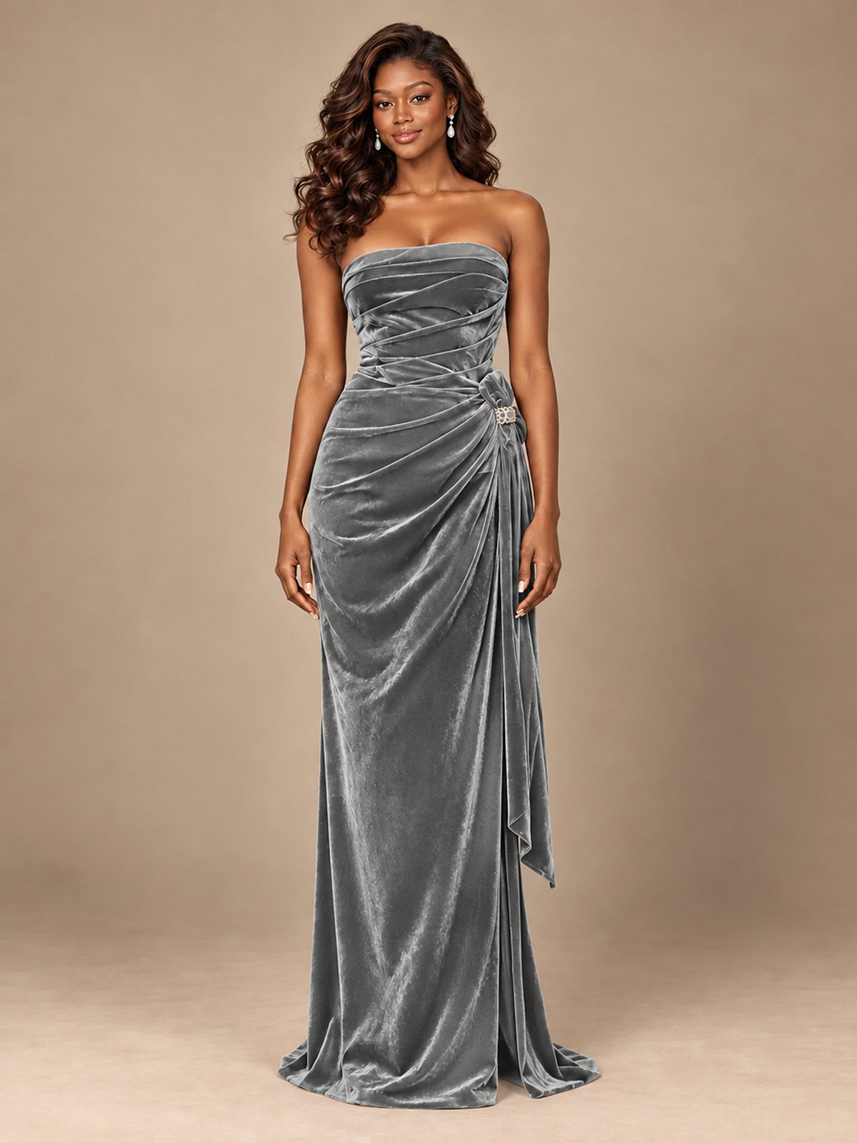 Burgundy Velvet Strapless Ruched Prom Dress with Jeweled Side Drape
