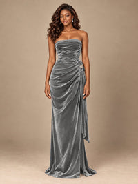 Burgundy Velvet Strapless Ruched Prom Dress with Jeweled Side Drape