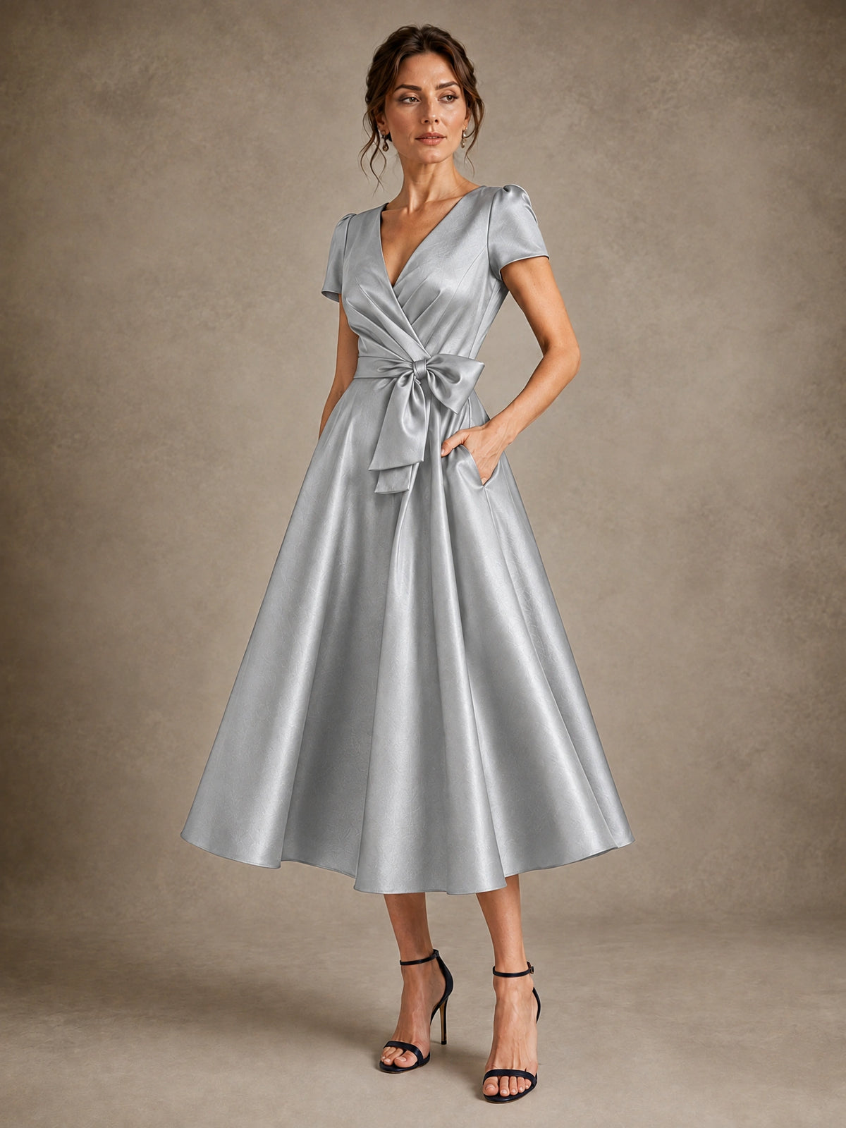 V-Neck Tea-Length Satin Mother of the Bride Dress with Bow