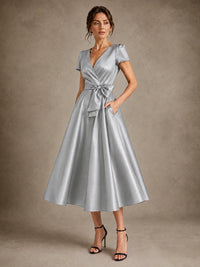 V-Neck Tea-Length Satin Mother of the Bride Dress with Bow