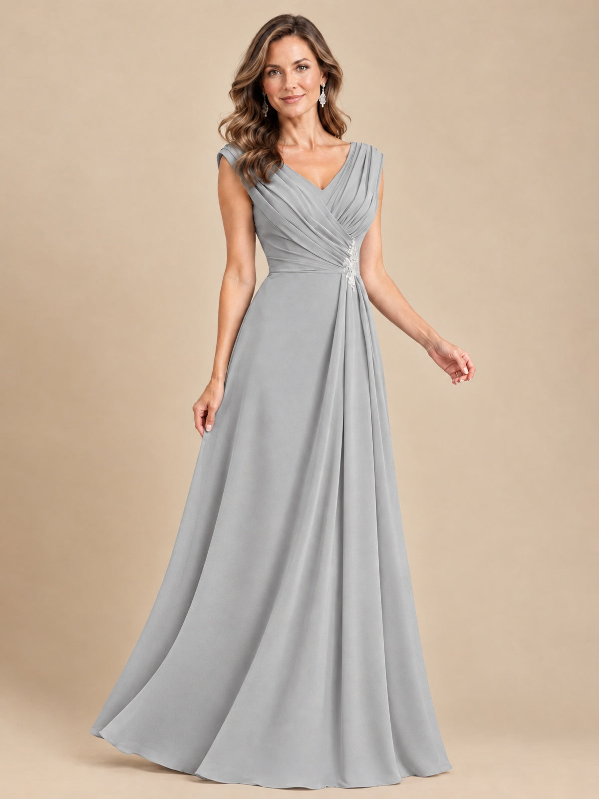 V Neck Pleated Mother of The Bride Dresses with Beading Cap Sleeves