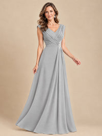 V Neck Pleated Mother of The Bride Dresses with Beading Cap Sleeves