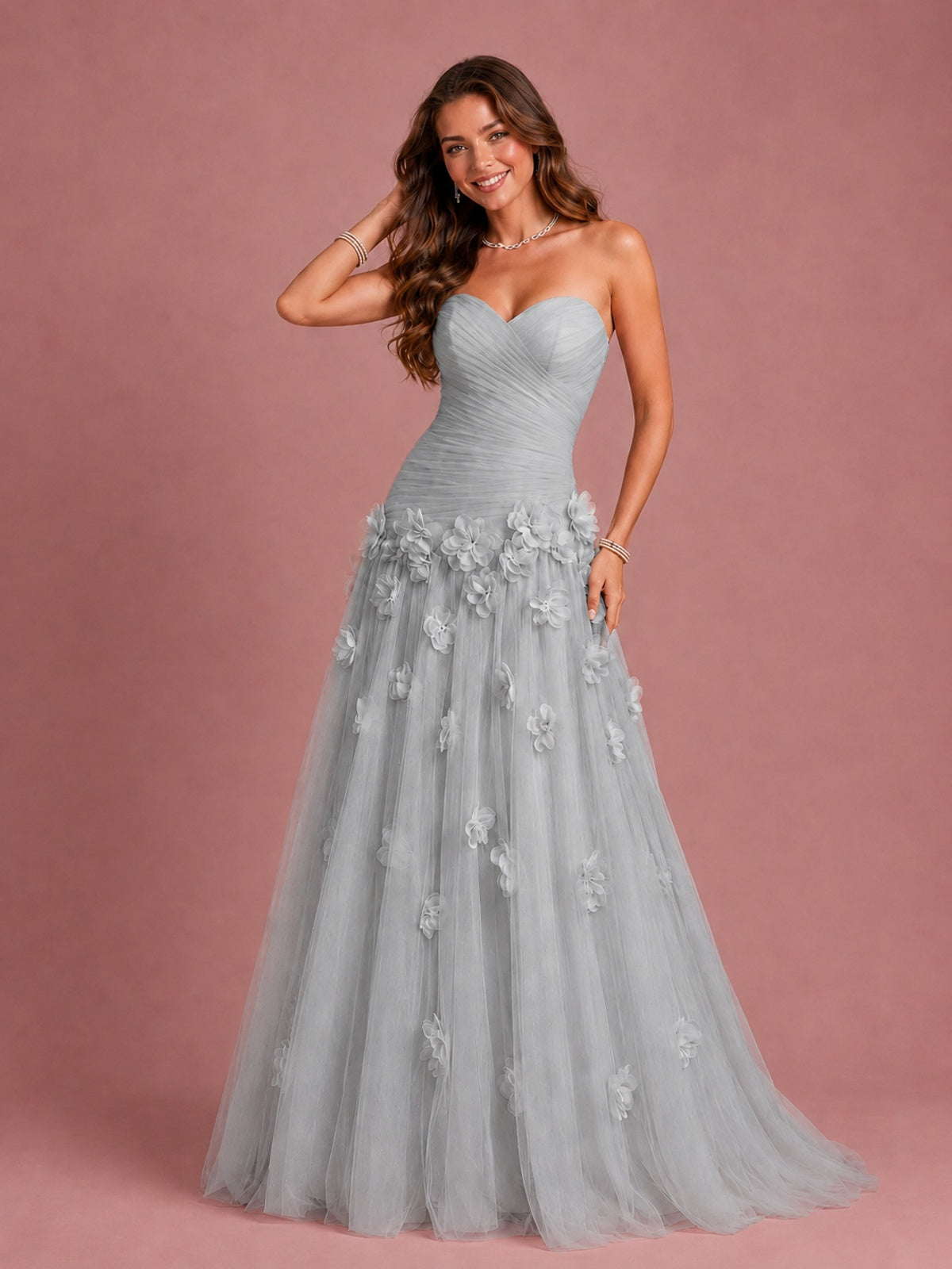 Blush Pink Strapless Sweetheart 3D Floral Tulle Ball Gown Prom Dres