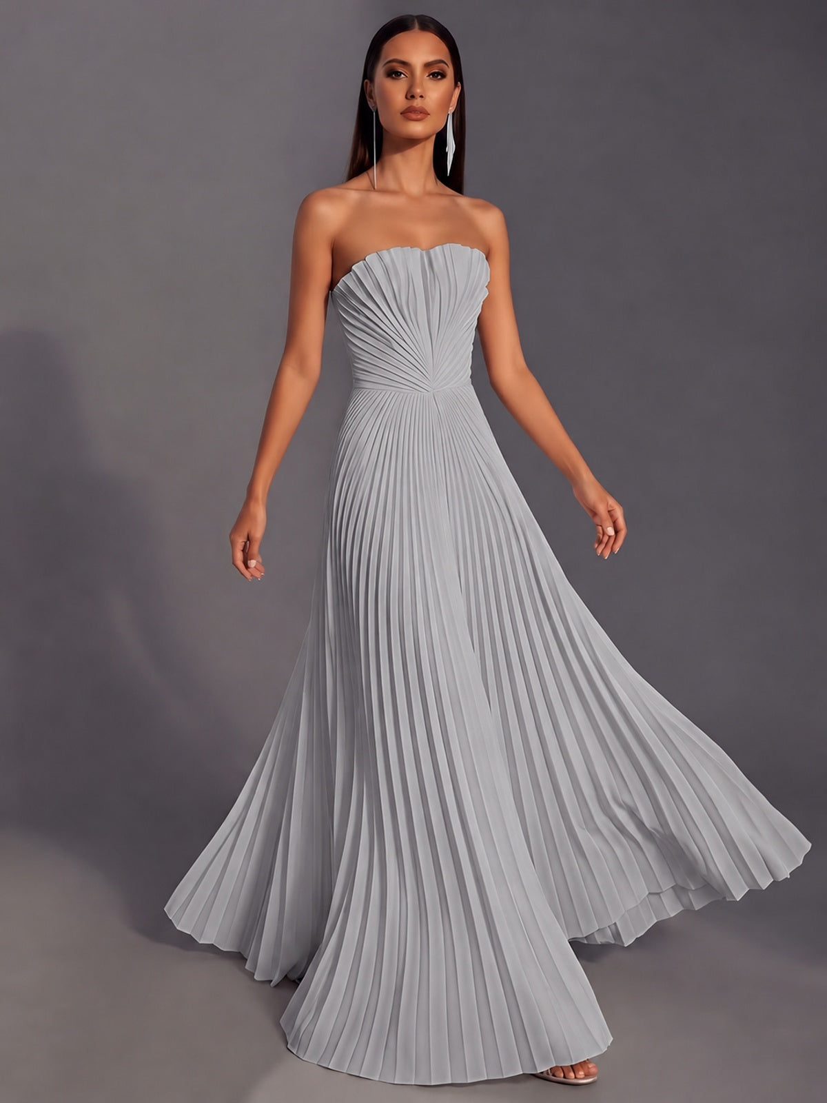 Strapless A-line Long Pleated Satin Prom Dress