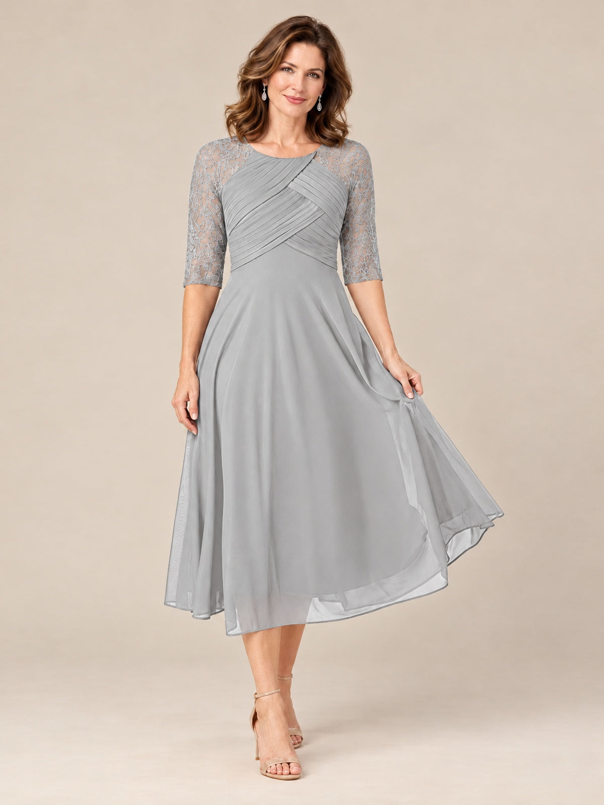 Tea-Length Mother of the Bride Dress with Lace 3/4 Sleeves