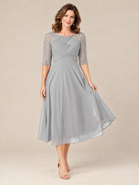 Tea-Length Mother of the Bride Dress with Lace 3/4 Sleeves