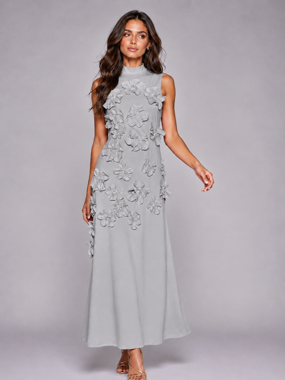 3D Floral Applique High Neck Prom Maxi Dress