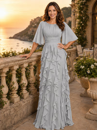 Elegant Chiffon Mother of the Bride Dress with Flutter Sleeves and Ruffle Skirt
