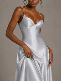 Lavender V Neck Satin Prom Dress with Spaghetti Straps