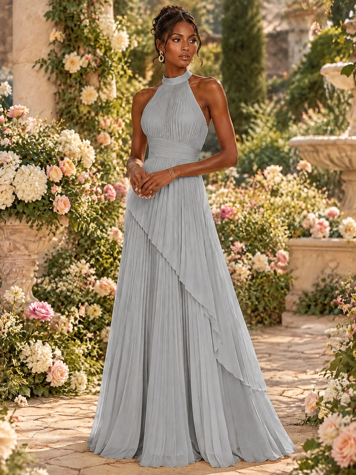 Wrap Pleated Prom Dress Halter A-line Chiffon Formal Wedding Dress