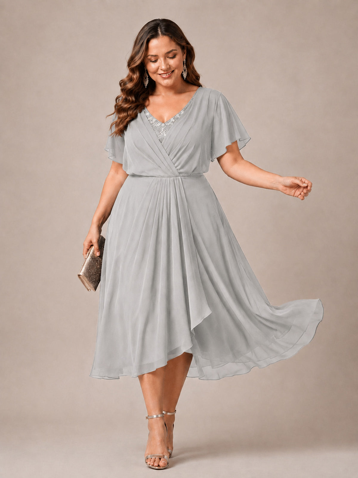 Navy Blue A-Line V-Neck Tea-Length Mother of the Bride Dress