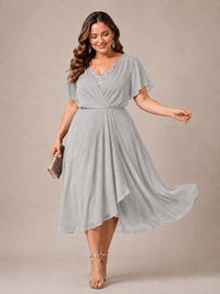 Navy Blue A-Line V-Neck Tea-Length Mother of the Bride Dress