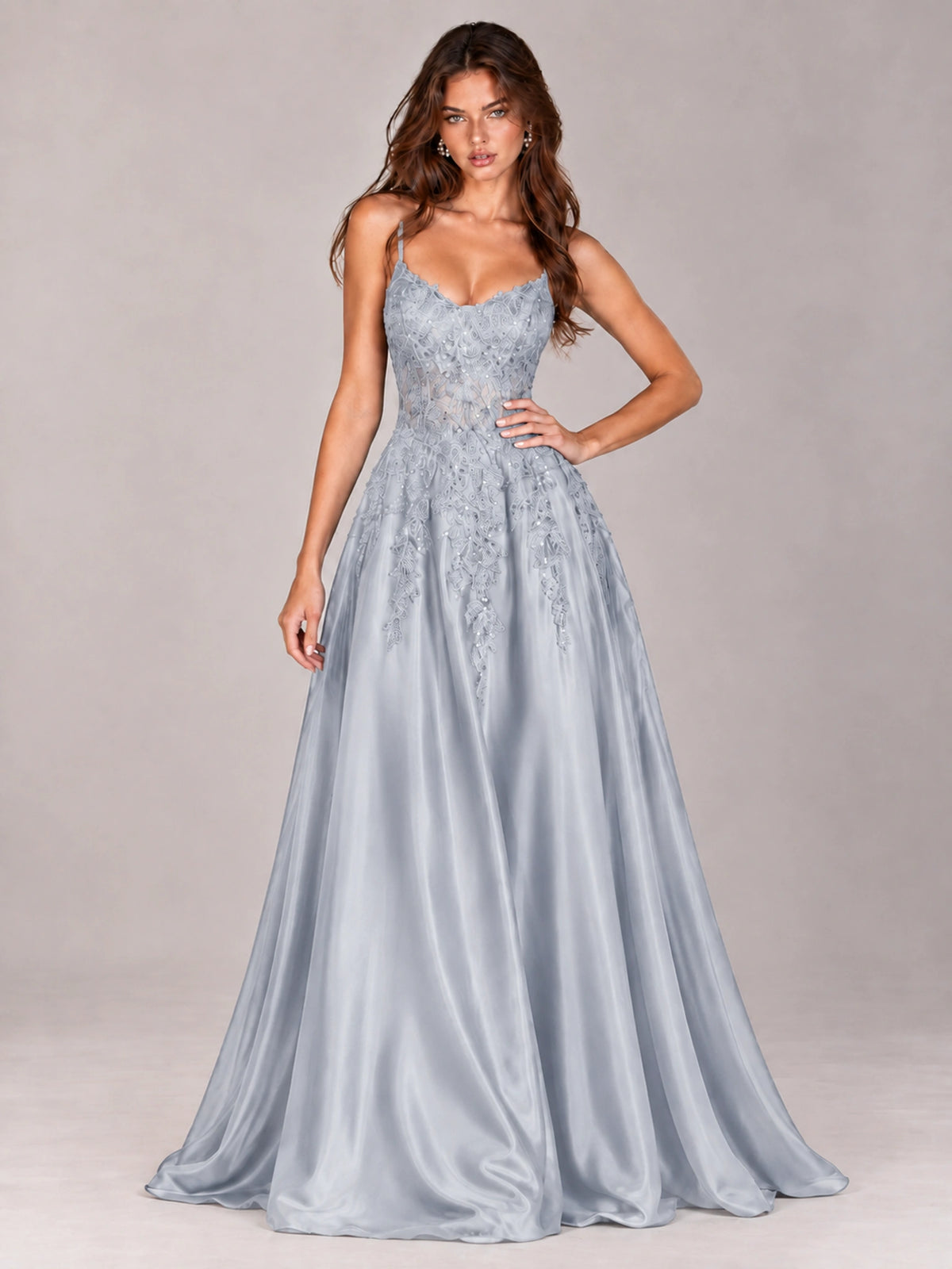Lace Applique Satin A-Line Prom Dress with Sheer Bodice