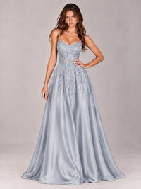 Lace Applique Satin A-Line Prom Dress with Sheer Bodice