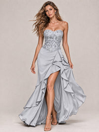 Strapless Lace Appliques Corset Satin Prom Dress Ruffle Slit Evening Gown