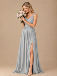 Pleated Chiffon V Neck Wedding Bridesmaid Dresses Floor Length with Slit