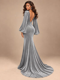 Burgundy Velvet Deep V-Neck Ruched Long Sleeve Maxi Dress