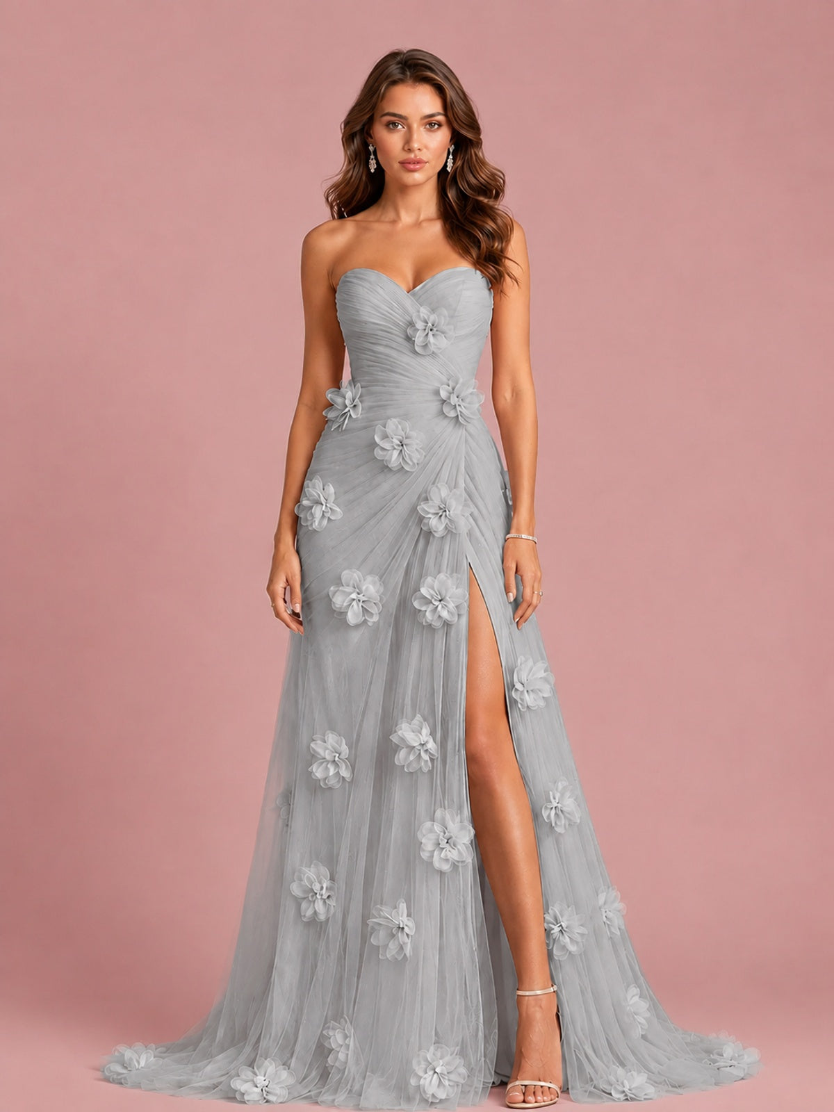 3D Floral Applique Strapless Tulle Prom Dress with High Slit