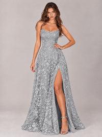 Floral Lace A-Line Prom Dress with Spaghetti Straps & High Slit