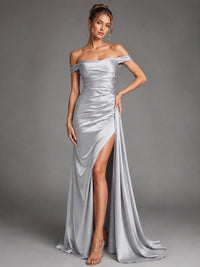 Off Shoulder Satin Maxi Dress with Slit