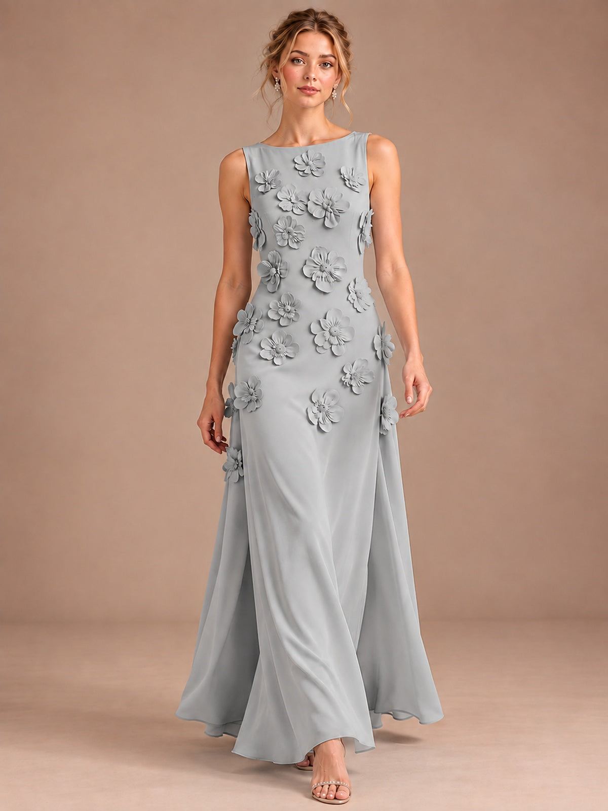 3D Floral Applique Sleeveless Formal Maxi Dress
