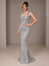Gold Halter Sequin Mermaid Ruched Prom Dress Long Ruched Evening Gown