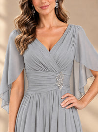 Ruched V Neck Mother of The Bride Dresses with Shawls Appliques and Cap Sleeves