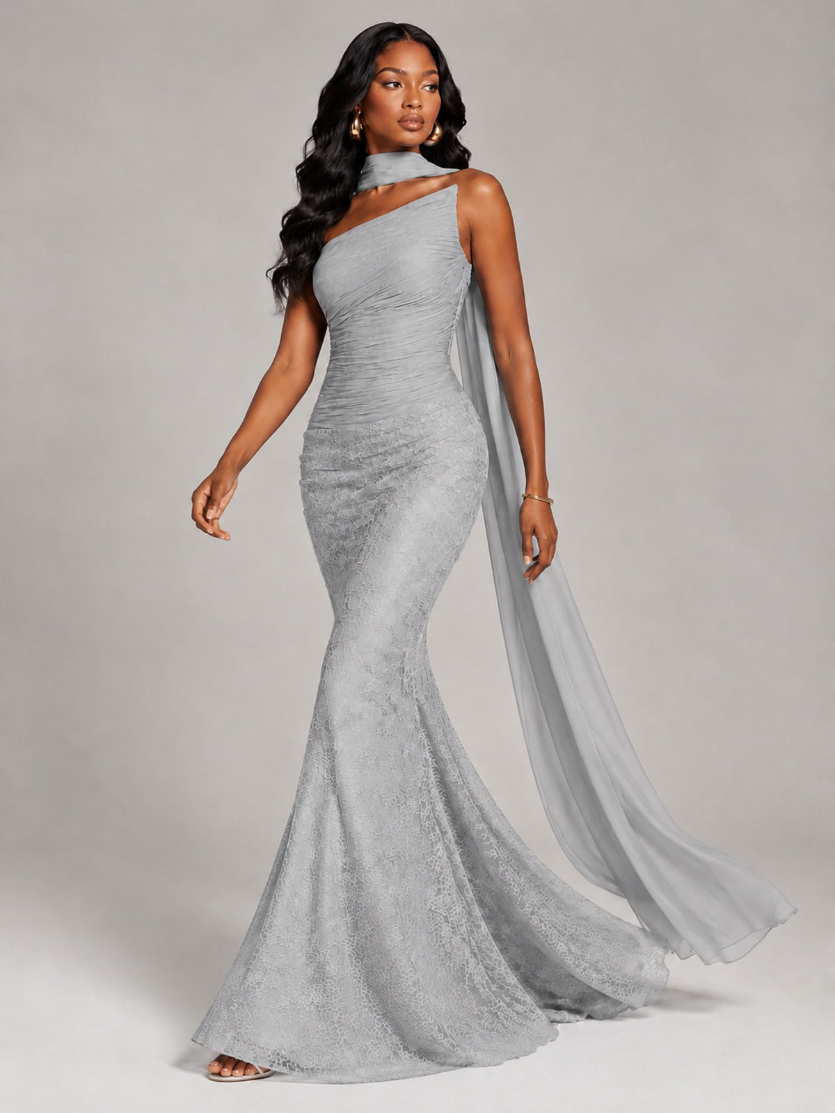 Pleated Chiffon Lace Prom Dresses Long Bodycon Mermaid with Scarf