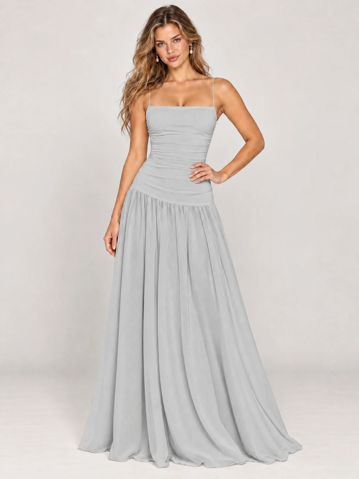 Butter Yellow Ruched Spaghetti Strap Drop-Waist Prom Dress