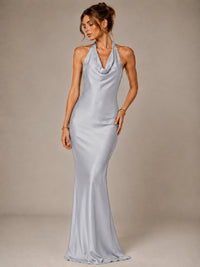 Olive Green Halter Satin Mermaid Maxi Dress
