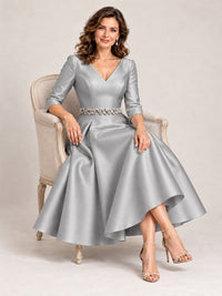 V-Neck Tea-Length Mother of the Bride Dress with Embellished Waist