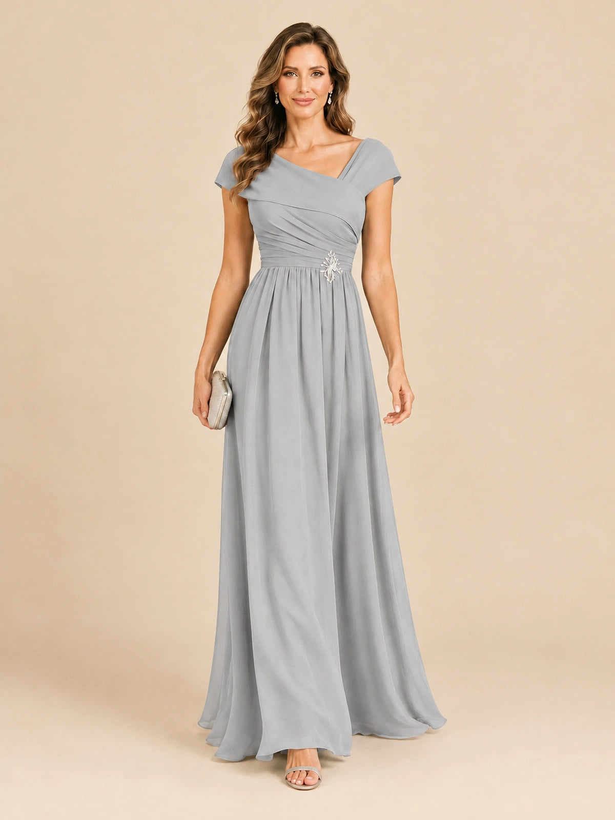 Cap Sleeve Mother of The Bride Dresses Long Chiffon Formal Gowns