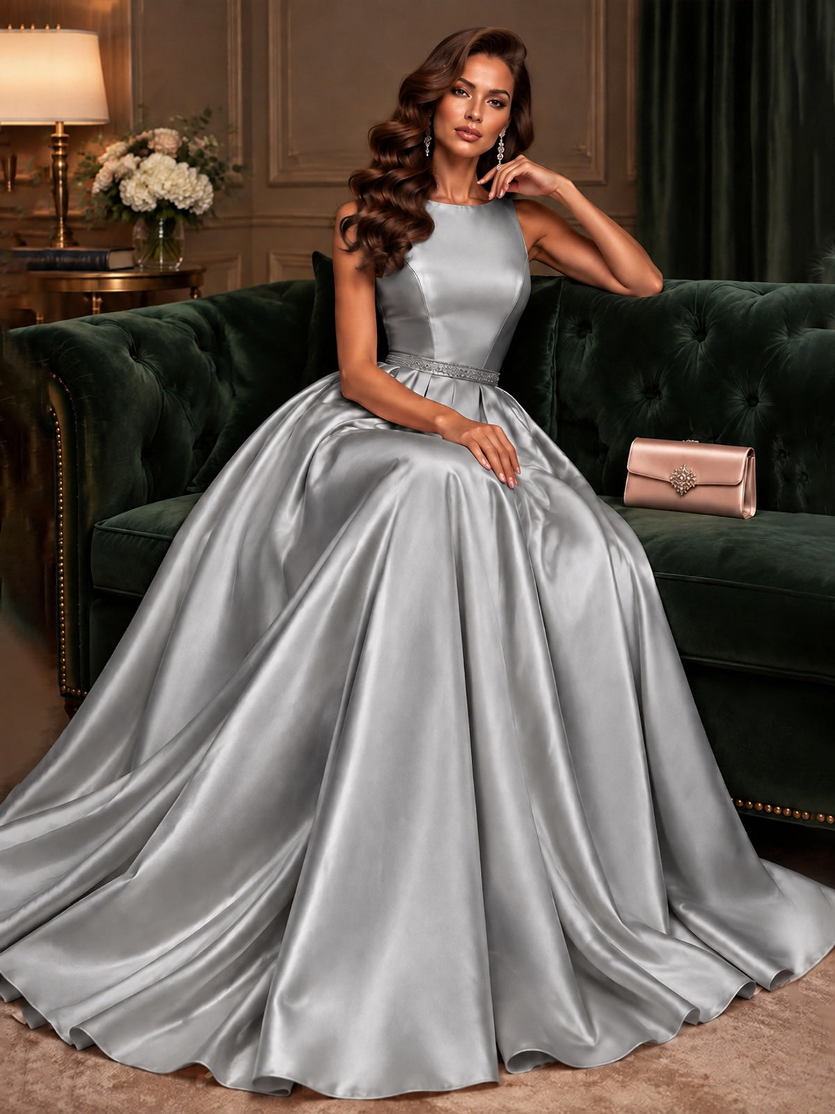 Satin A-Line Prom Dress Sleeveless Beaded Waist Formal Gown with Pockets