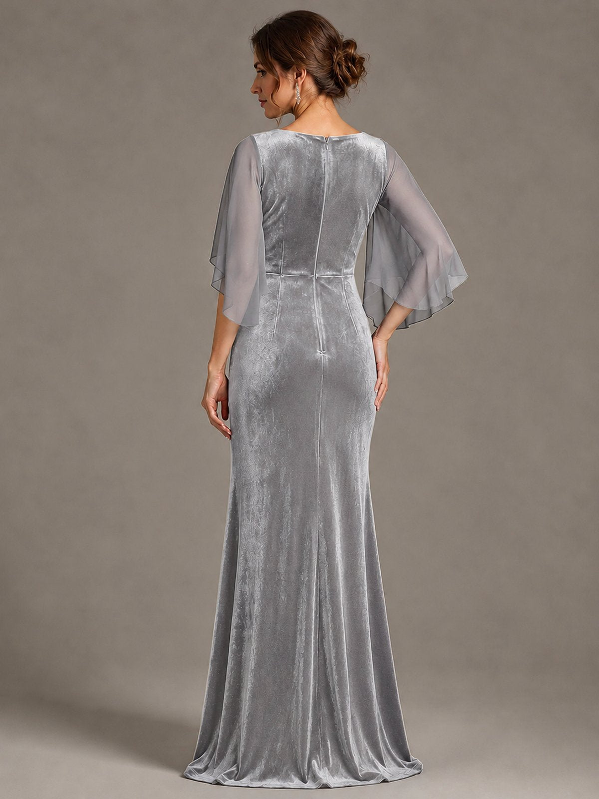 Navy Blue Velvet V Neck Mermaid Formal Dress with Flutter Cape Sleeves
