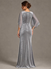 Navy Blue Velvet V Neck Mermaid Formal Dress with Flutter Cape Sleeves