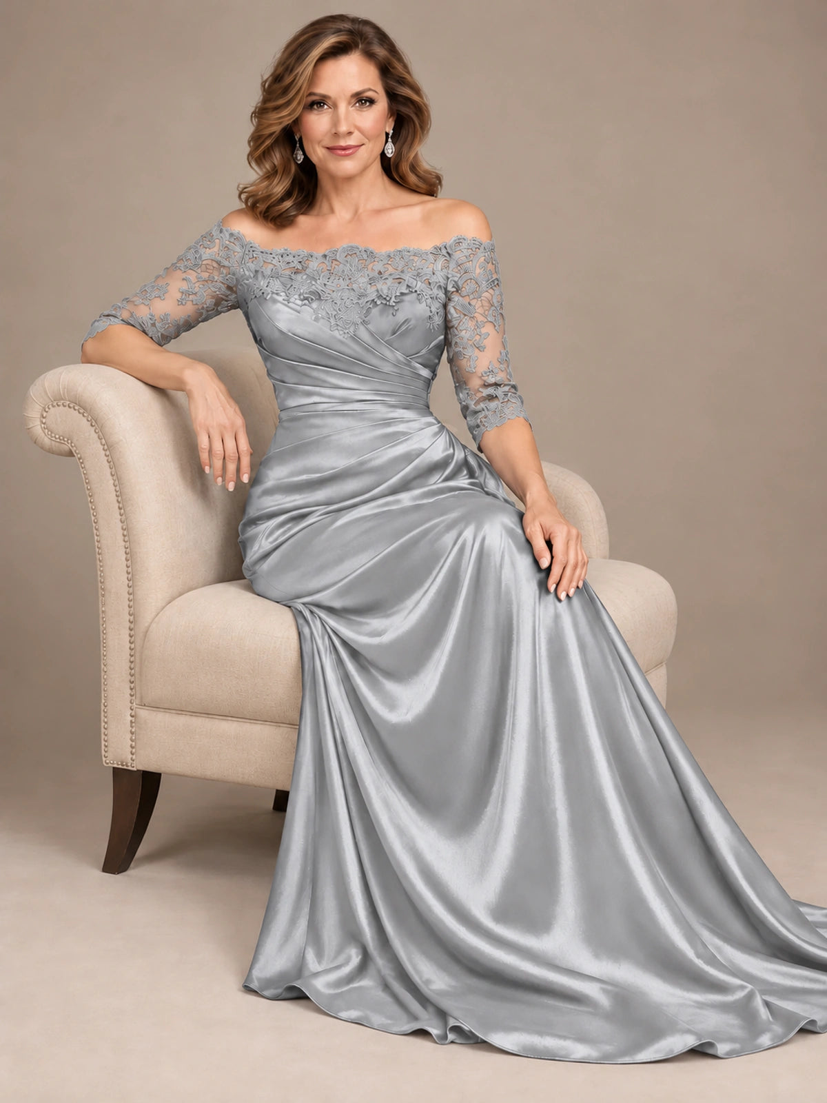 Satin Mother of the Bride Dress with Lace Sleeves Off Shoulder Formal Gown