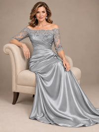 Satin Mother of the Bride Dress with Lace Sleeves Off Shoulder Formal Gown