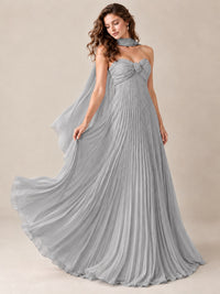 Sweetheart Neckline Pleated Prom Dress Strapless A-line Formal Dress with Flowy Scarf